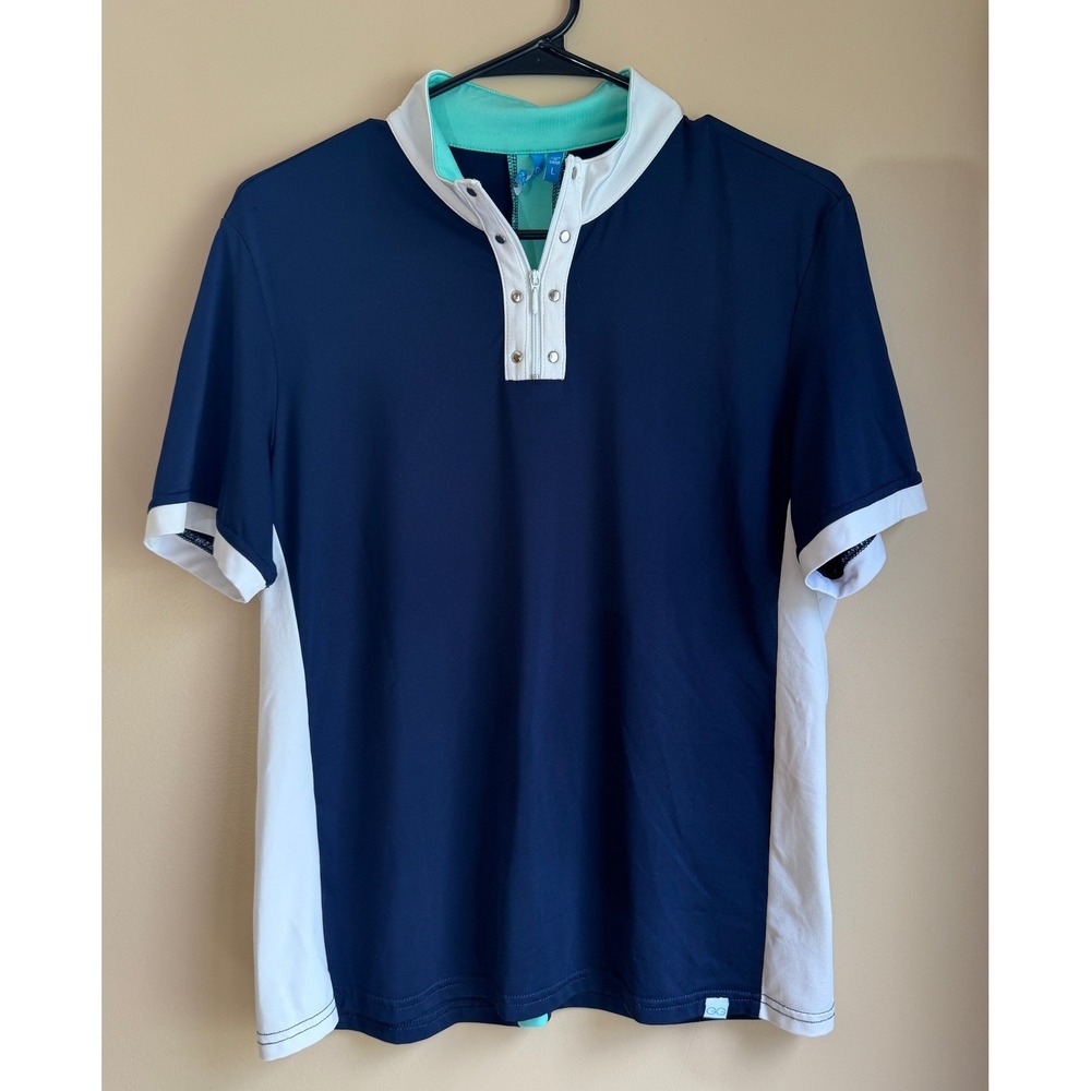 GG Blue Women's Quarter Zip Snap Golf Polo Shirt Size L Colorblock Stretch Sport